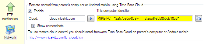 Time Boss Pro, settings for remote control using Time Boss Cloud
