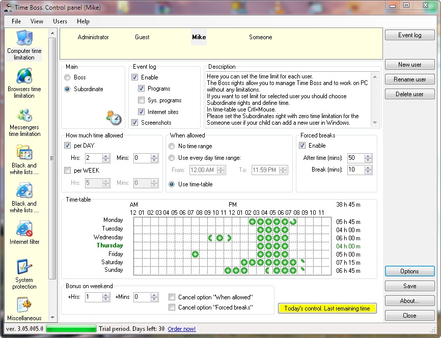 Screenshots of computer time limitation program Time Boss