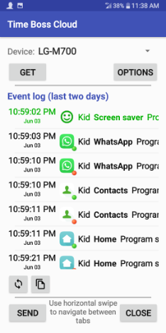 Time Boss Cloud for Android, parental control software remote event log