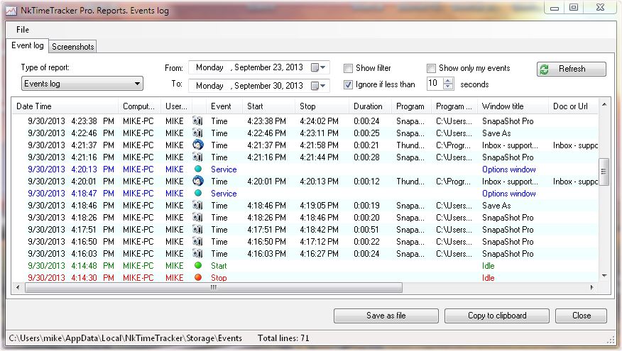 time tracking screenshot of report window